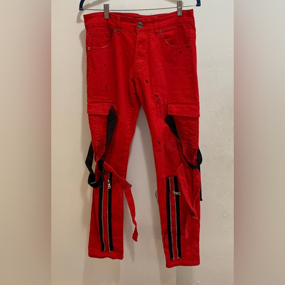 Denim City Rockstar Strap Pants Red Black Size 30